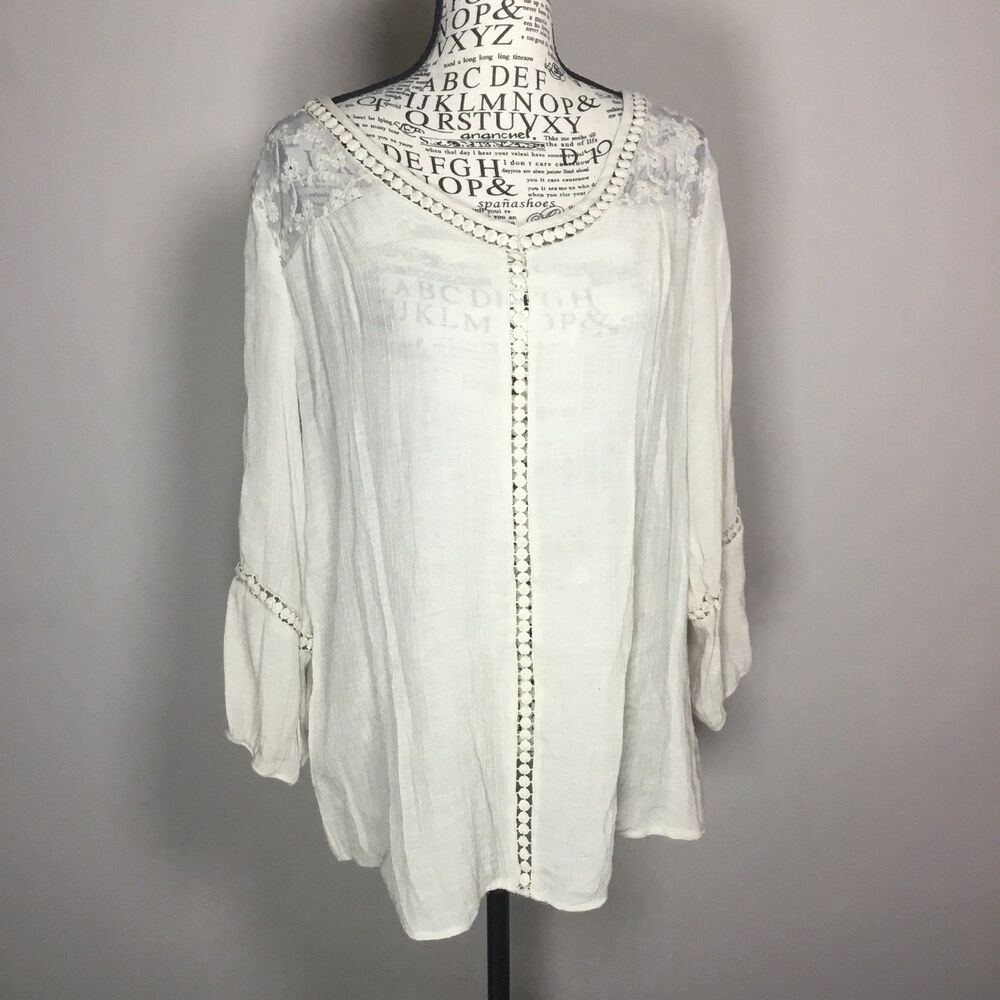 Gauzy beige crochet lace tunic top semi sheer floaty boho hippie fairycore L
